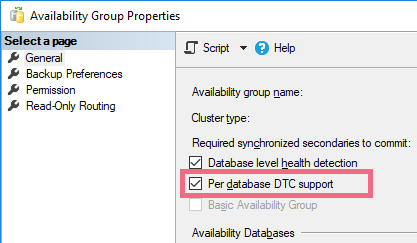 Diagram showing the distributed transaction configuration for an availability group with per-database DTC support.