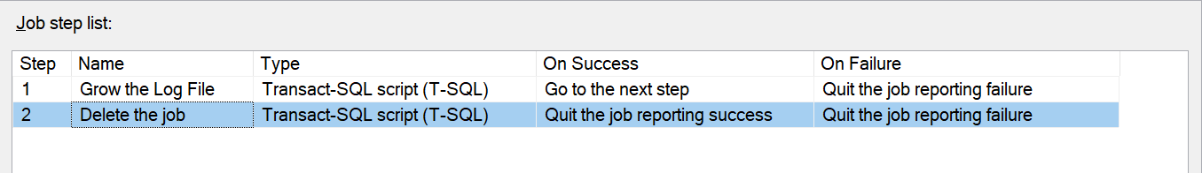 SQL Server Agent job step option set to delete the job after successful completion.