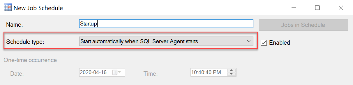 SQL Server Agent job schedule option set to run when the agent starts.