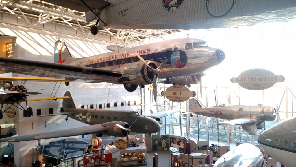 Aircraft displayed inside the Smithsonian National Air and Space Museum.