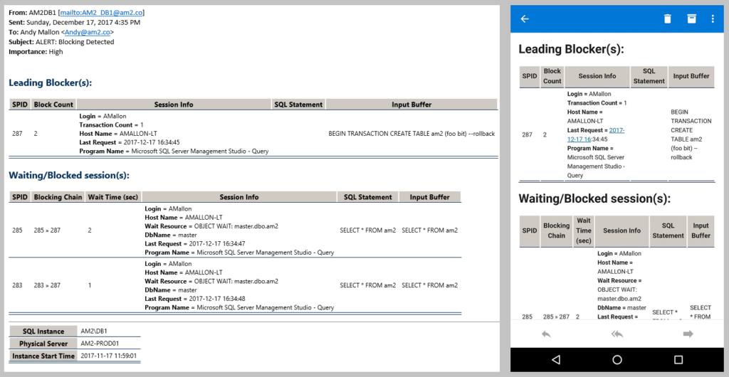 Example SQL Server blocking alert email displayed in Outlook desktop and mobile.