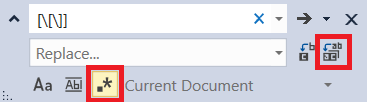 SSMS Find and Replace dialog using a regular expression to remove square brackets.