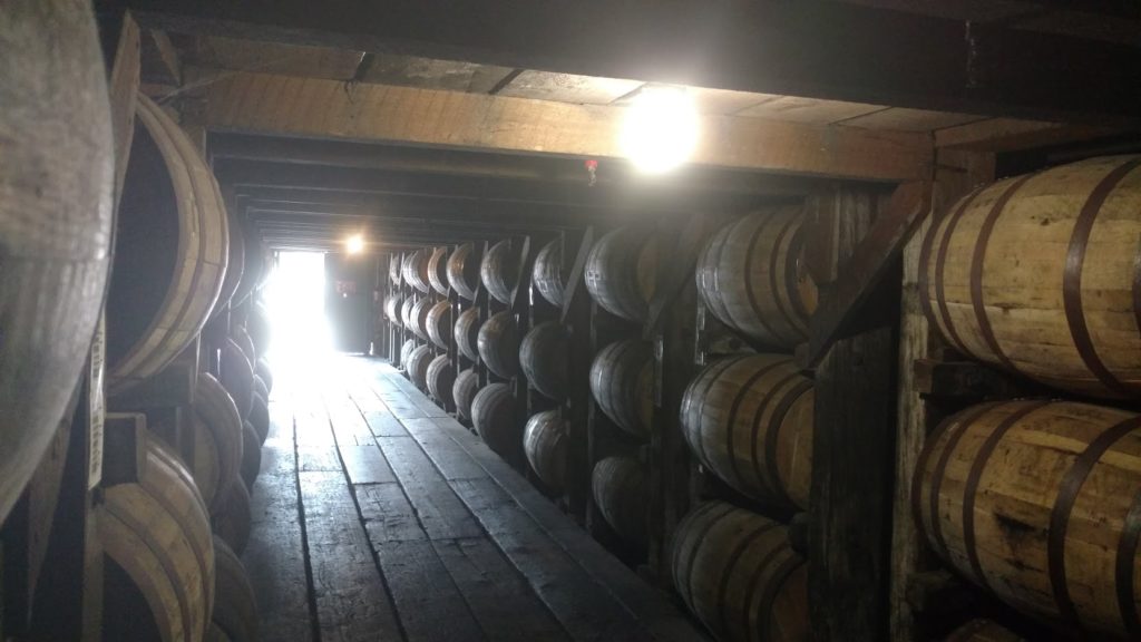 Rows of bourbon barrels at Buffalo Trace distillery.