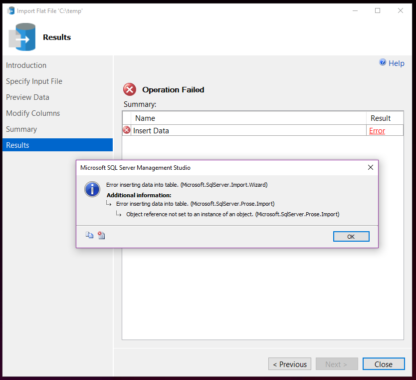 SQL Server Flat File Import Wizard preview showing a failed import caused by inconsistent column counts.