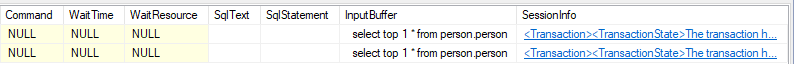 XML session details for an open SQL Server transaction, including login, database, and transaction start time.