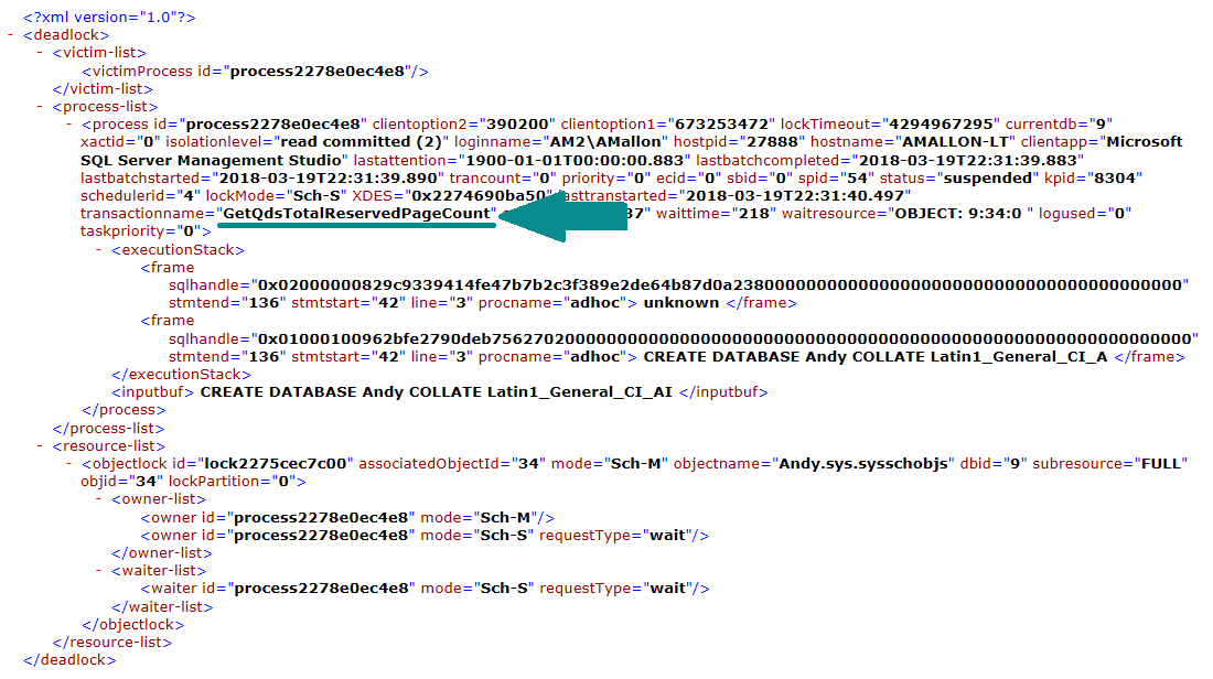 Deadlock XML graph showing a transaction involving Query Store.