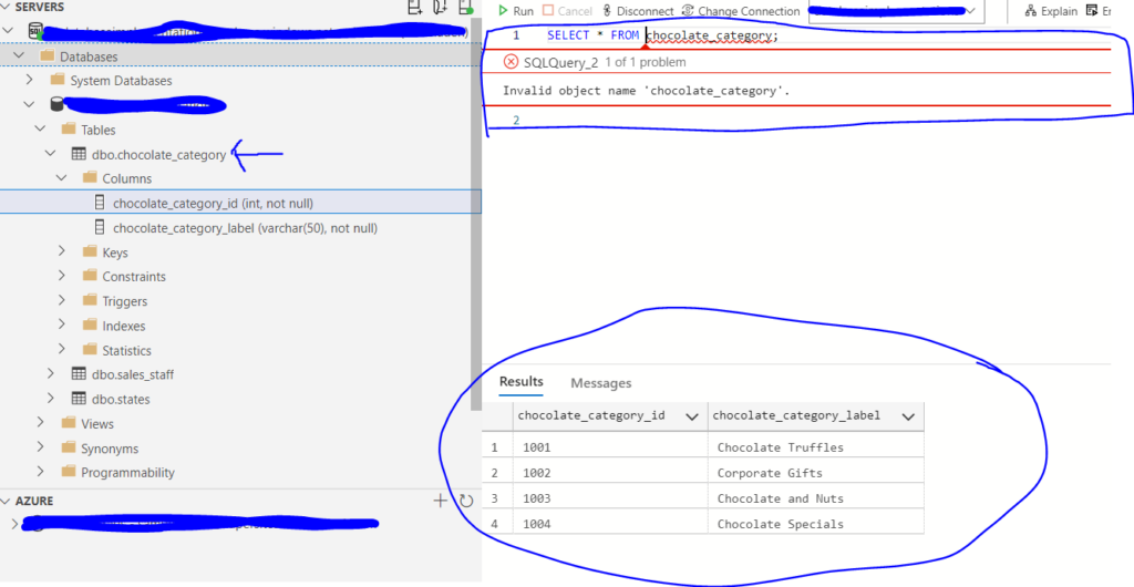 Azure Data Studio query editor showing missing table IntelliSense suggestions while the query runs.