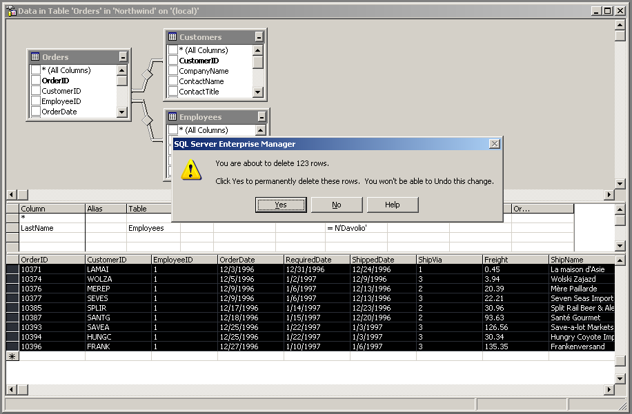 Enterprise Manager confirmation dialog for deleting selected Northwind rows.