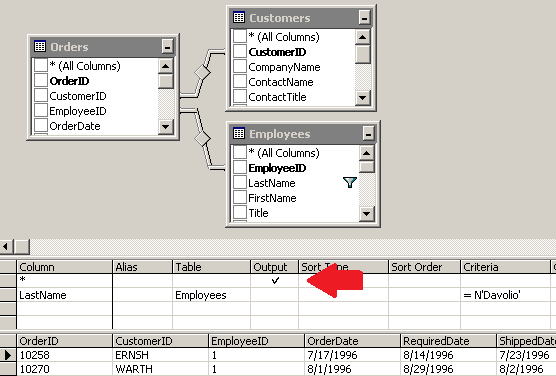 Enterprise Manager grid showing columns from multiple joined Northwind tables selected for deletion.
