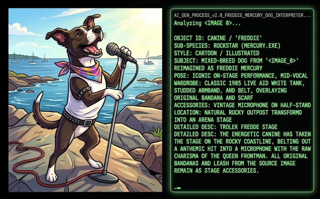 An AI-generated cartoon of my dog Freddie Mercury, standing on a rocky outcrop near an ocean harbor. Freddie is standing on his hind legs, singing into a microphone on a stand. He's wearing a white tanktop, and studded leather belt & arm band, like his rockstar namesake. Freddie's leash has been transformed into the microphone cable.