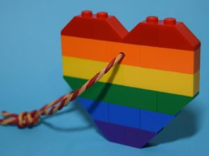 A heart assembled from colorful LEGO bricks.