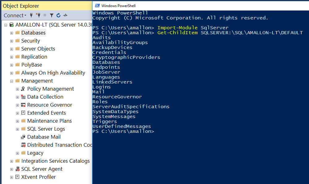 PowerShell drive listing for a SQL Server instance.