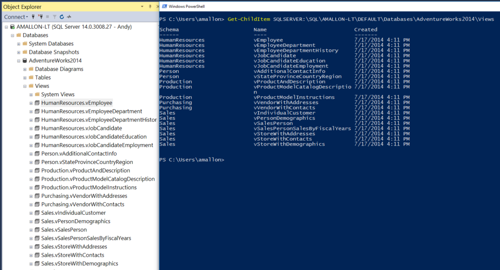PowerShell drive view listing SQL Server views with a v prefix.