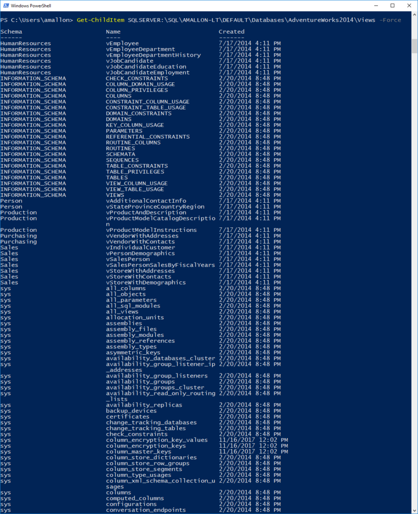 PowerShell output showing the -Force option listing hidden SQL Server objects.