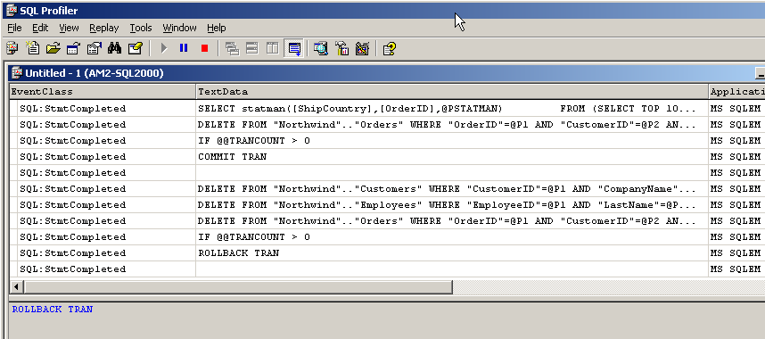 SQL Profiler trace showing DELETE statements issued against three Northwind tables.