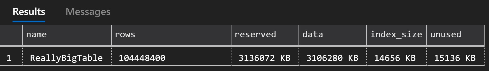 SQL Server results for the large test table before data compression.
