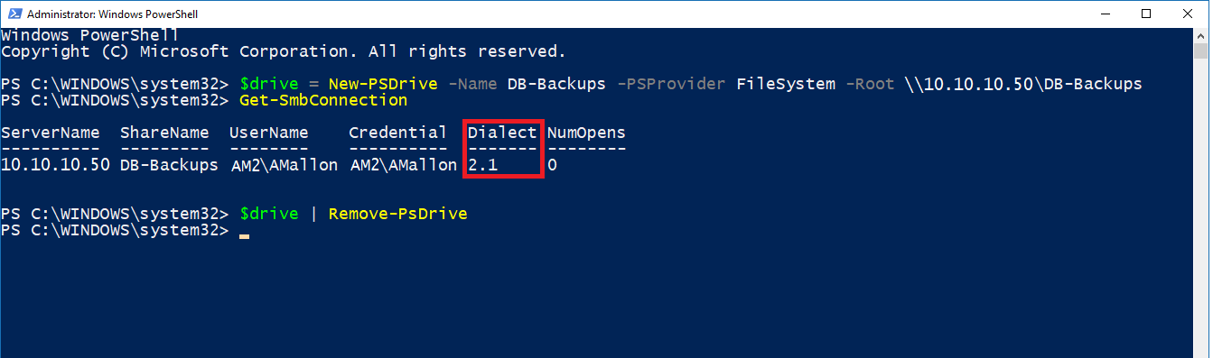 SQL Server result grid showing the SMB dialect used by an active file share.