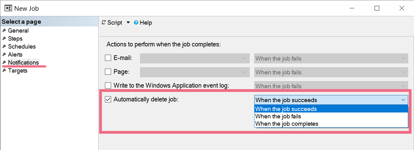 SQL Server Management Studio showing the option to delete a job.