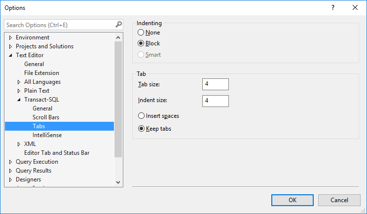 SSMS 17 options showing tabs selected for indentation.