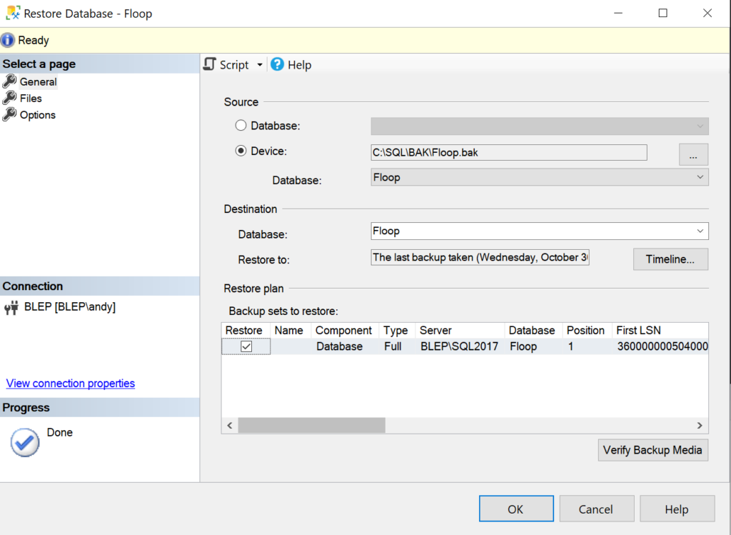 SQL Server restore configuration showing the certificate needed to restore the encrypted backup.