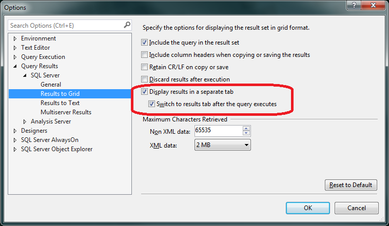 SSMS query window showing the results pane resized with a keyboard shortcut.