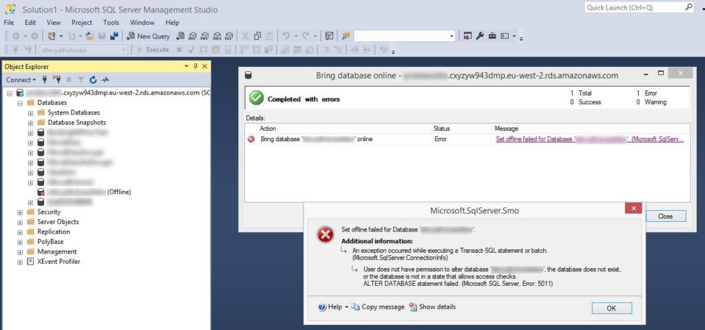 SSMS error dialog shown when trying to bring an offline database online.