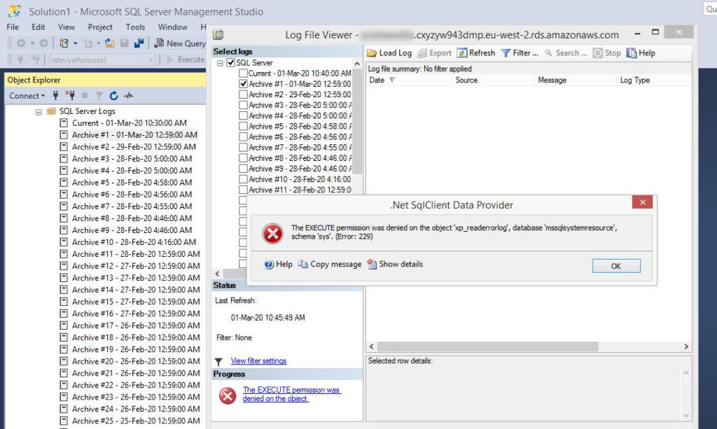 SSMS error log view showing the SQL Server log access problem.
