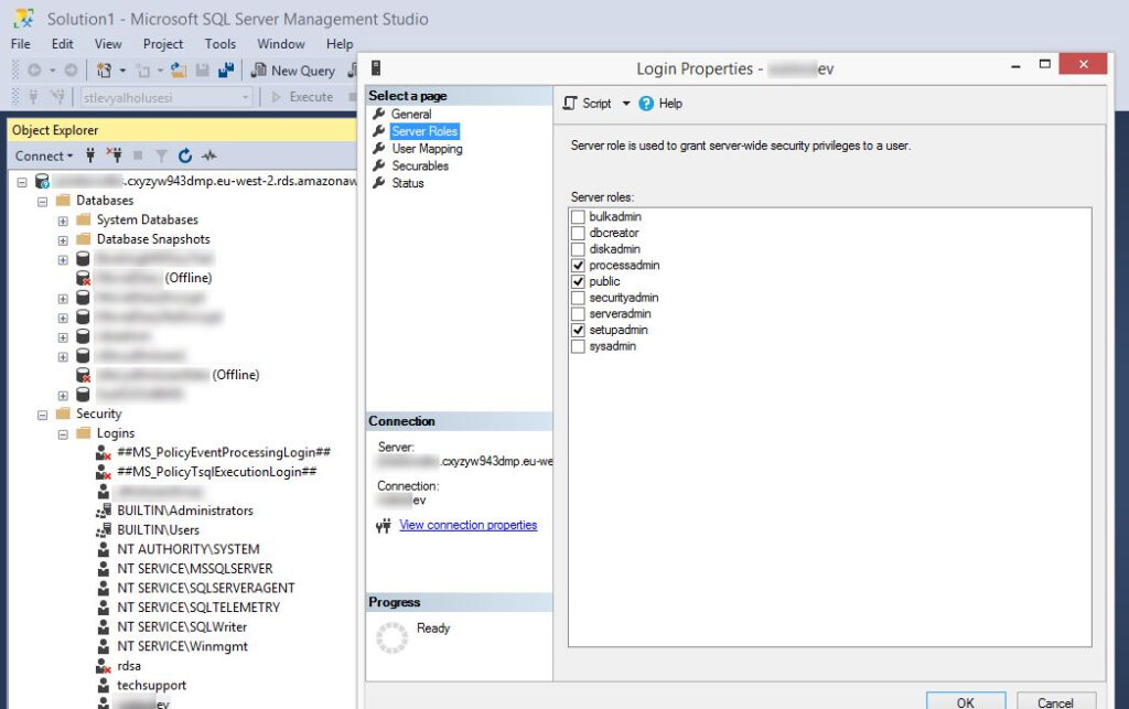 Login properties in SSMS showing the permissions assigned to the account.