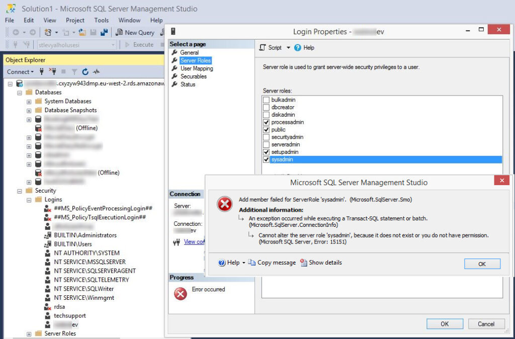 SSMS error dialog shown when attempting to add the login to the sysadmin role.