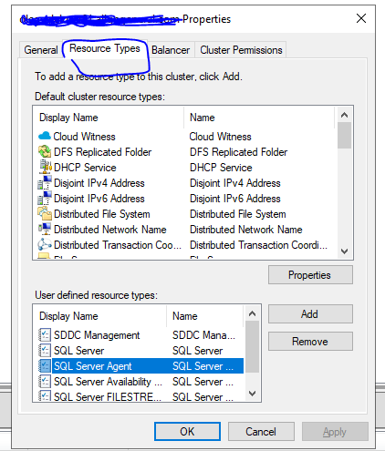 Windows Failover Cluster screenshot showing SQL Server Agent as a monitored service.