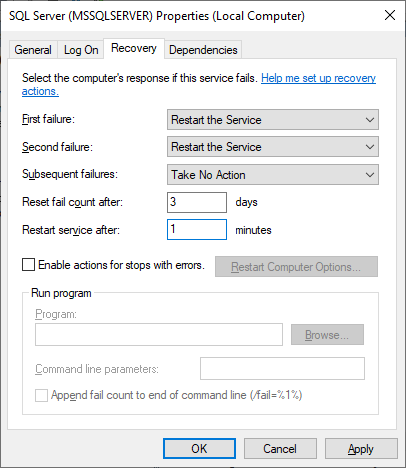 SQL Server Service recovery tab