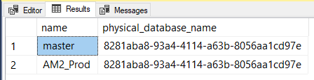 SQL query output comparing performance counter instance names across database contexts.