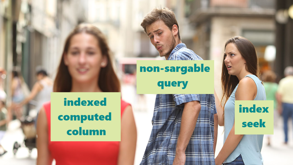 SQL Server execution plan graphic introducing a non-SARGable query optimization.